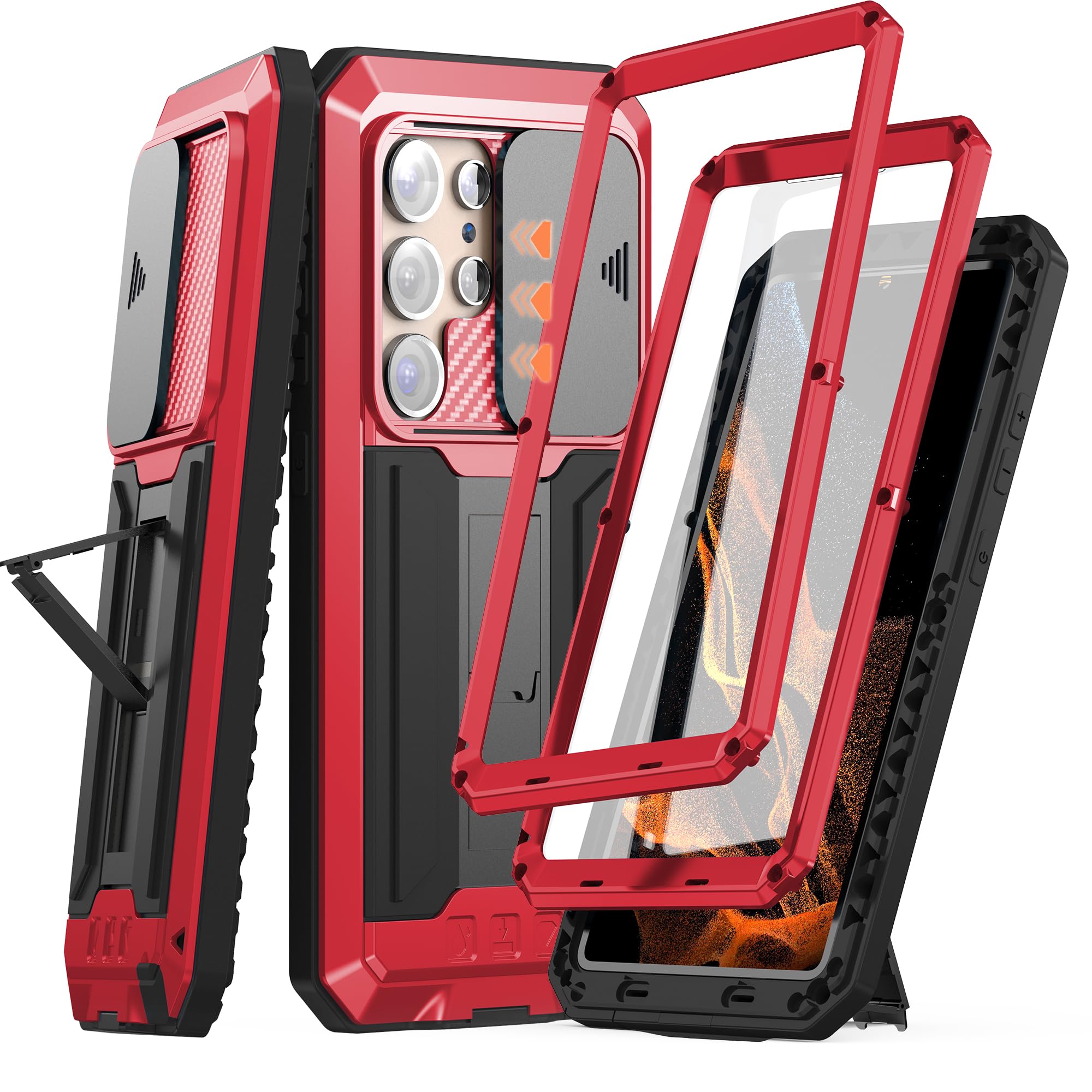 Vrythaxion Heavy Duty case for Samsung Galaxy S25 Ultra with Slide Camera Cover & Kickstand & 2 Front Frames, Built-in Tempered Screen Protector,Metal