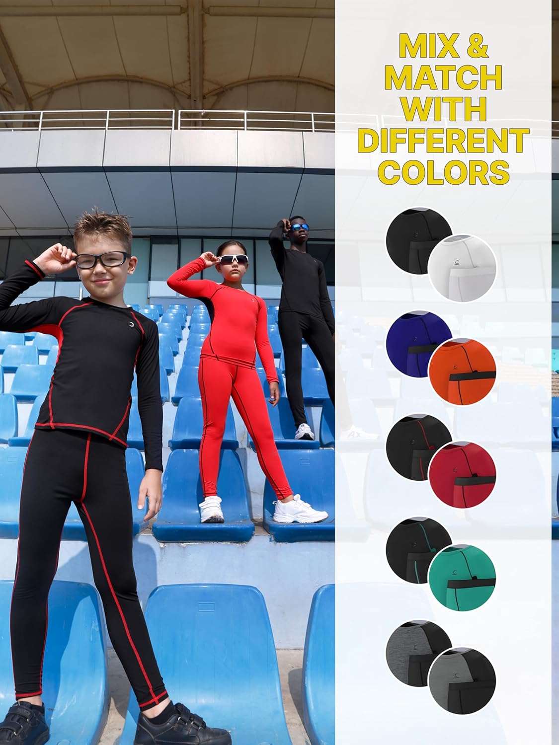 Boys Compression Pants and Youth Athletic Shirts Set 4 Piece Base Layer Gear for Kids Sports, Football, Soccer