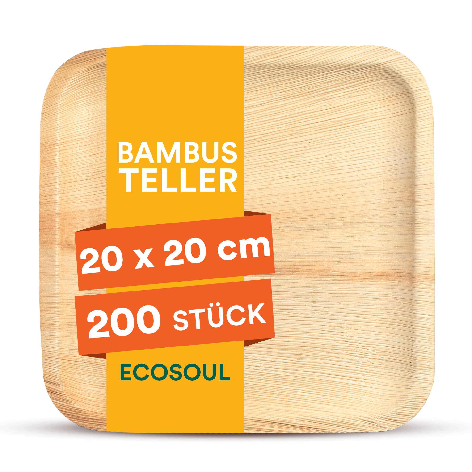 ECO SOUL [8 inch, 200-Pack Areca Palm Leaf Square Plates | Disposable Eco-Friendly Biodegradable Like Bamboo Wood Plates | Party, Wedding, Event Plates (20 cm)
