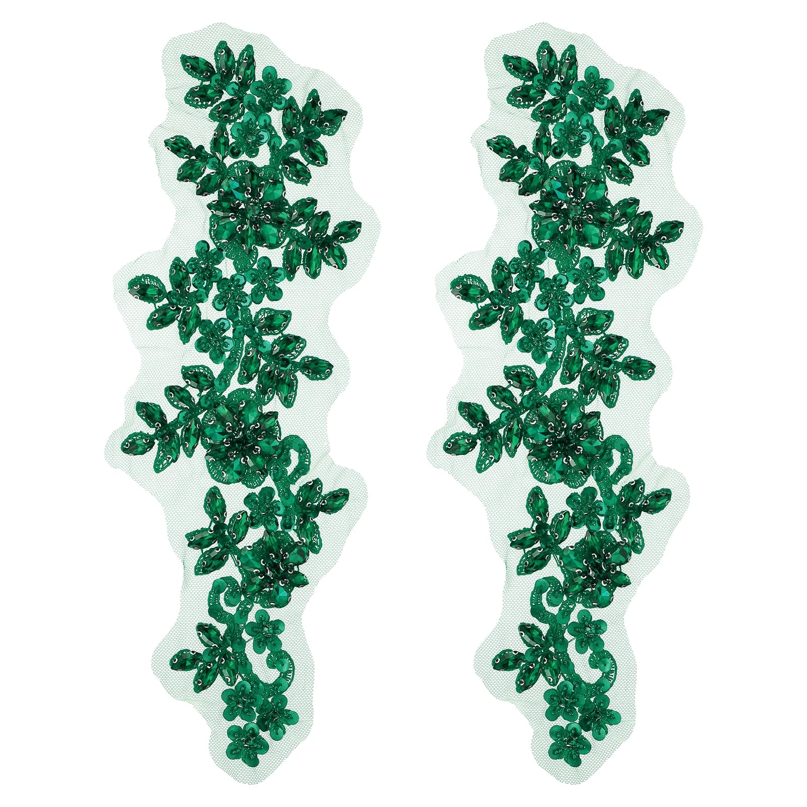 QUARKZMAN 2 Pack Appliques À Strass, 33x10 cm Patches De Dentelle Verte Brodées À Coudre Avec Perles Et Paillettes Pour La Couture, La Création De Robes, Les Banquets De Mariage