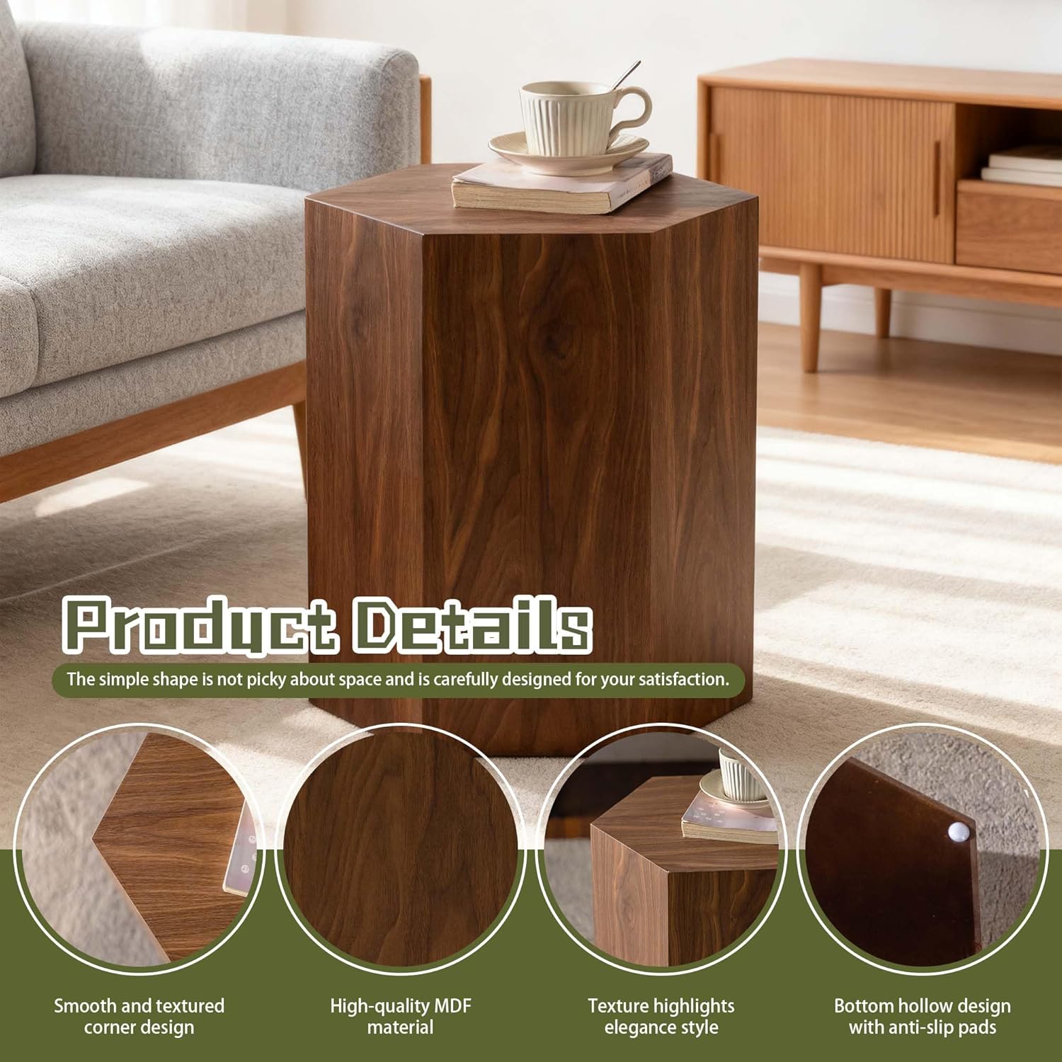 Hexagonal Wooden Center Coffee Tables for Bedroom, Modern Farmhouse Table Mid Century Vintage Table for Office, Lounge, Walnut