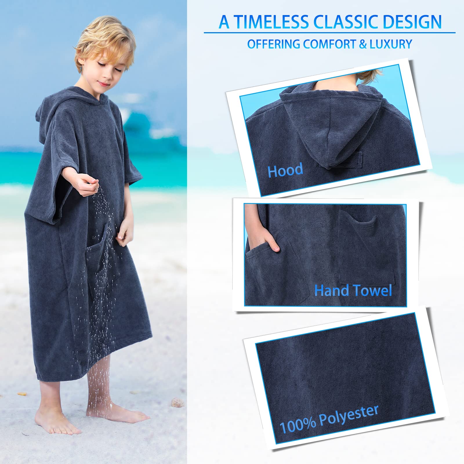 TOMEEK Poncho Toalla Infantil con Capucha Toalla de Playa con Dos Bolsillos Poncho de Surf para Niños con Capucha de Secado Rápido