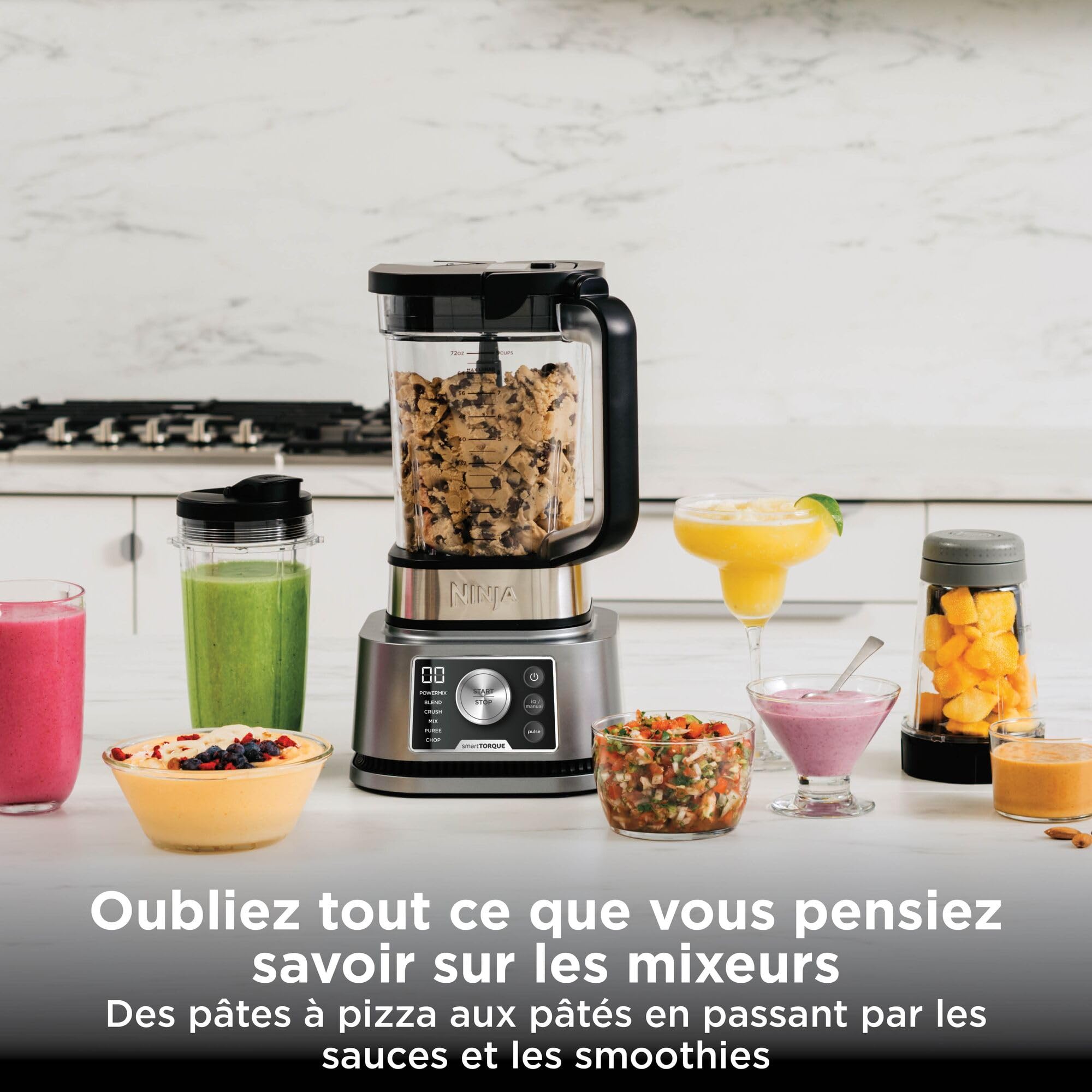 Ninja Foodi Power Nutri Blender 3-en-1, mélange les bols de smoothie, les pâtes à tartiner épaisses épaisses et les boissons glacées, programmes automatiques, 2.1L, 700ml & 400ml,1200W, Silver CB350EU