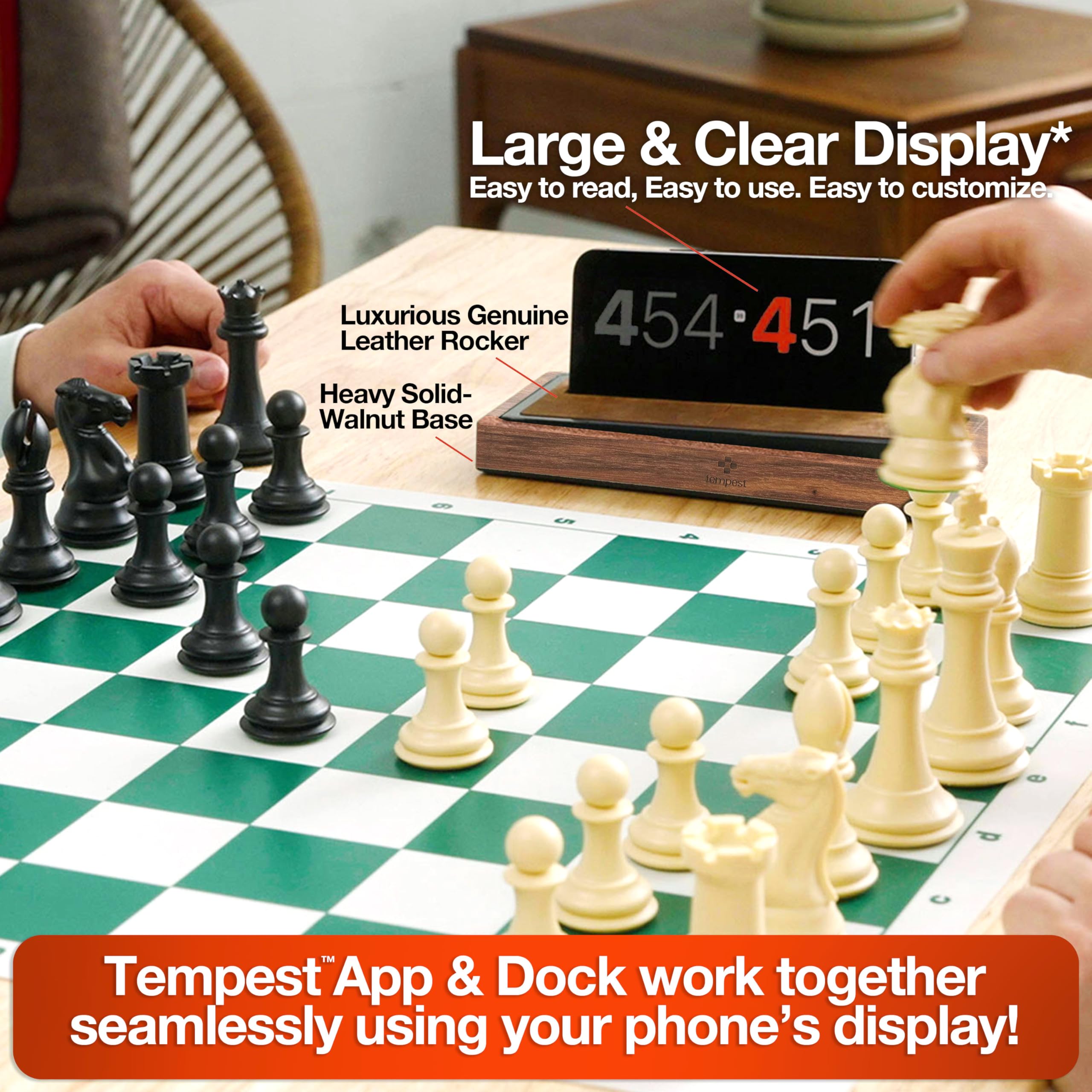 Tempest Deluxe Chess Clock: Zegar szachowy z litego orzecha i prawdziwej skóry, aplikacja iOS/Android