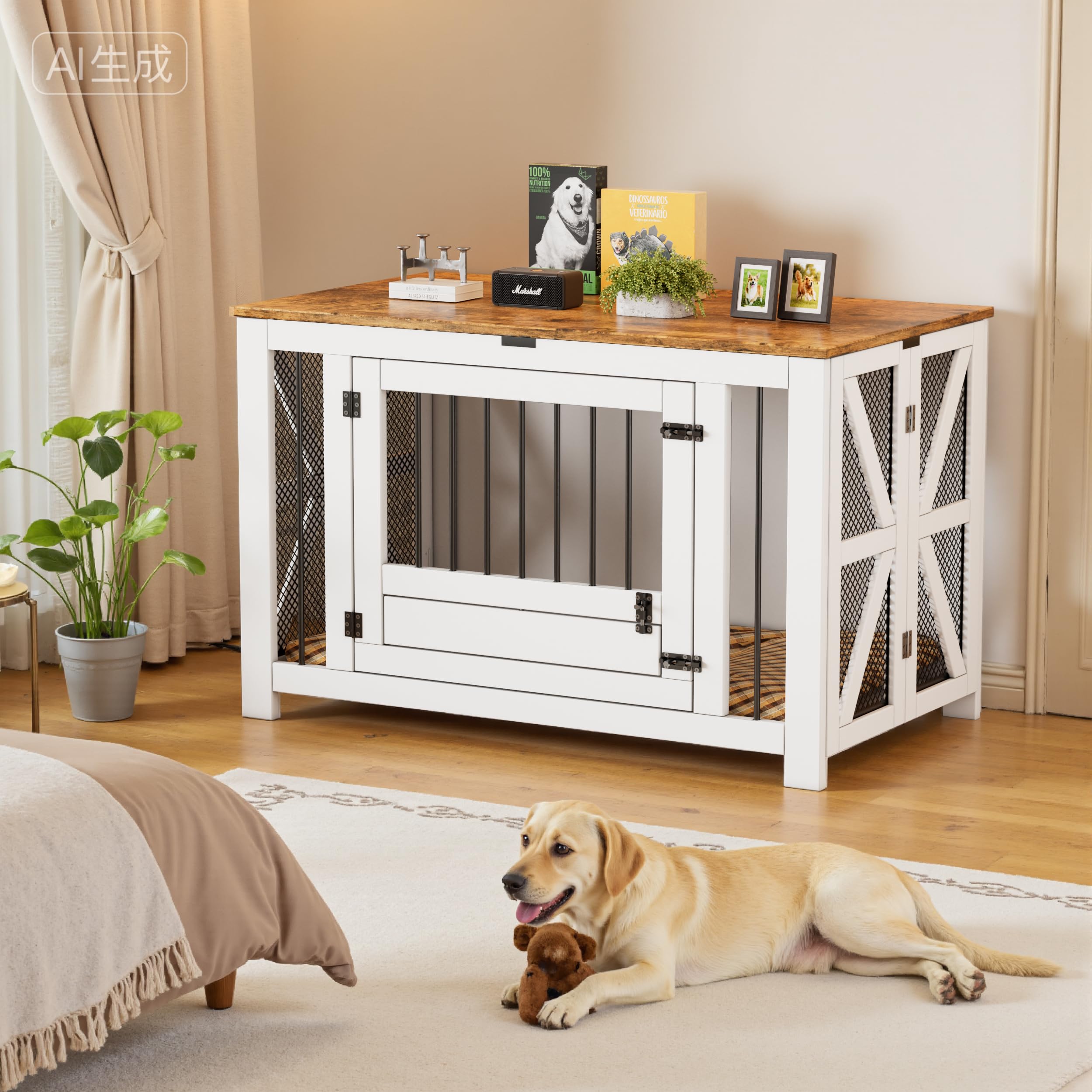 Hundekäfig Möbel,105 cm Hundebox 2Futternäpfe,1Türen,Moderne Hundekäfig Indoor für Klein/Mittele/Große Hunde,Gitterbox HundFaltbar aus Holz,Beistelltisch,Tür mit Riegel,105 × 58 × 65,6 cm,Weiß Braun