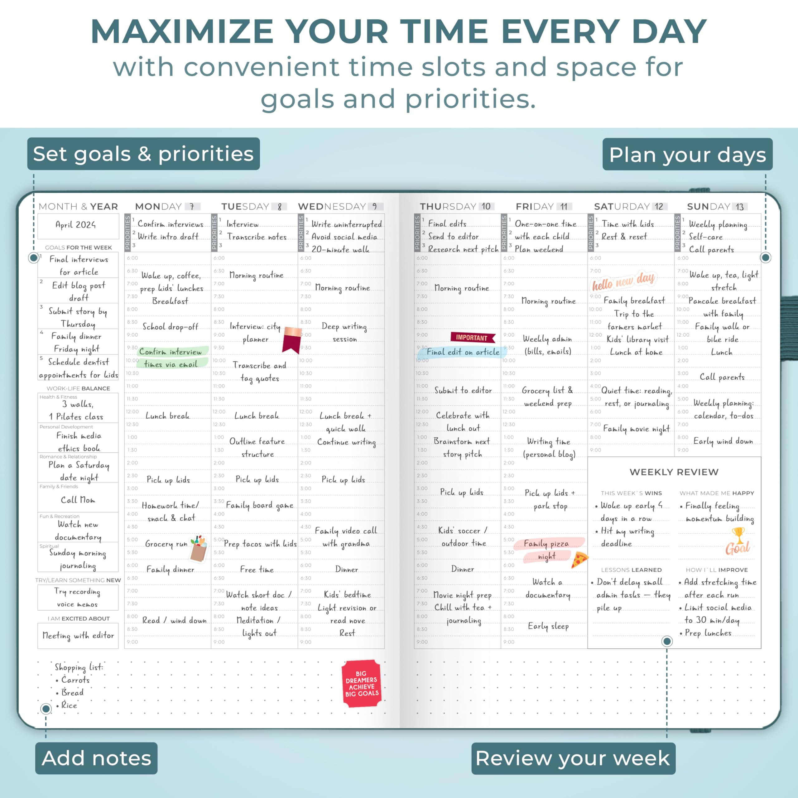 Clever Fox Calendario – Agenda settimanale e mensile non datata con fessure orarie, quaderno degli appuntamenti e organizer giornaliero, A5 (verde acqua scuro)