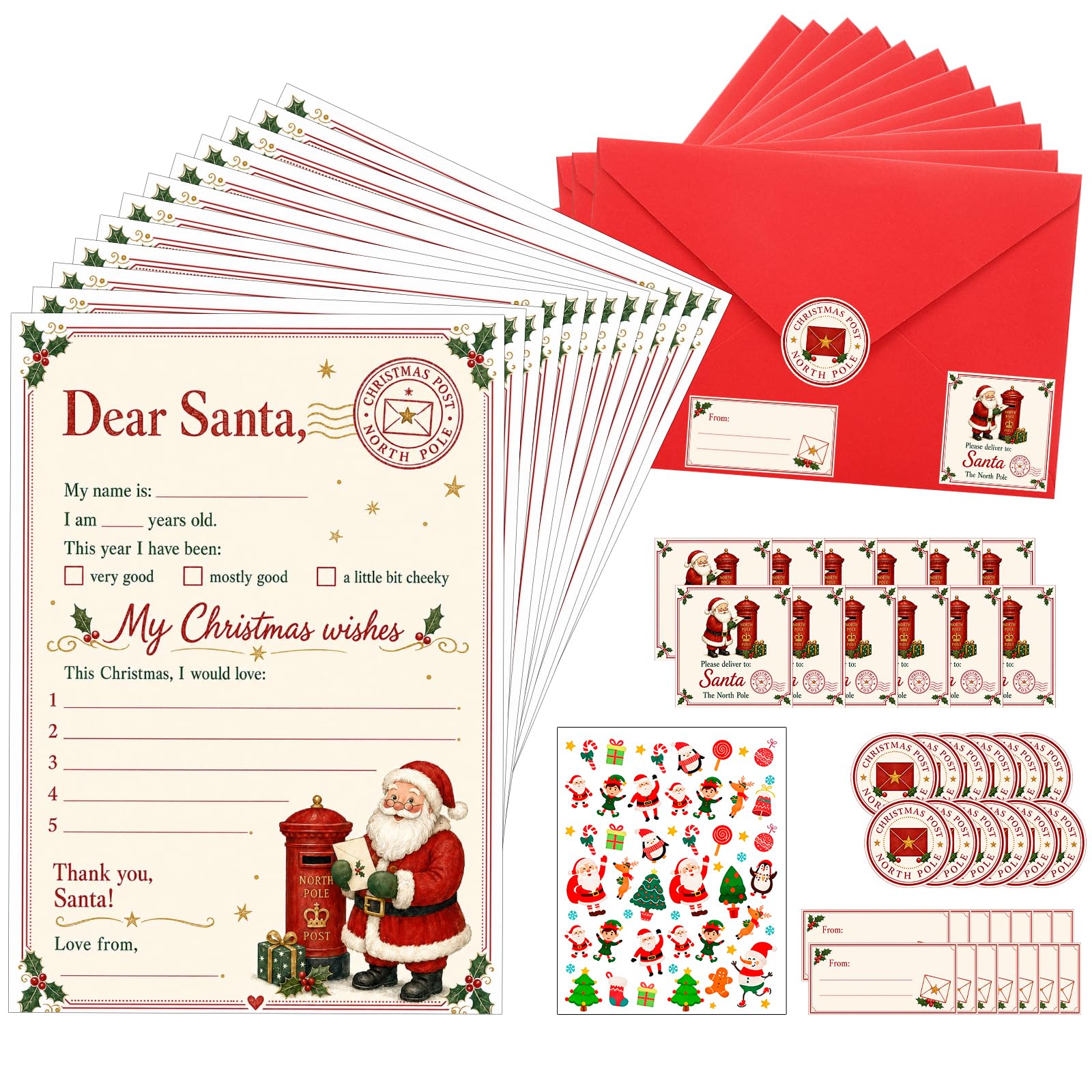 12 Pack Letter to Santa Kit with Red Envelopes & Festive Stickers