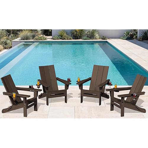 SERWALL Modern Adirondack Chairs Set of 4, Folding Adirondack Chair with Cup Holders, Outdoor HDPE Adirondack Chair for Patio Lawn Garden, Coffee