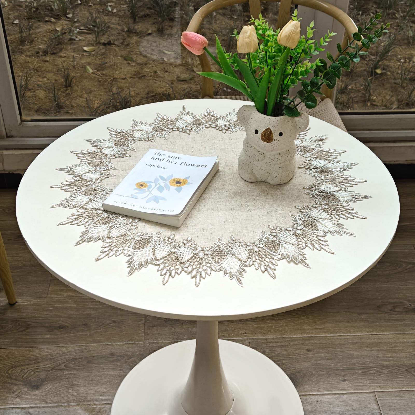 URROMA Polyester Round Doily, 60cm*60cm Beige Table Cover with Lace Trim - Image 4