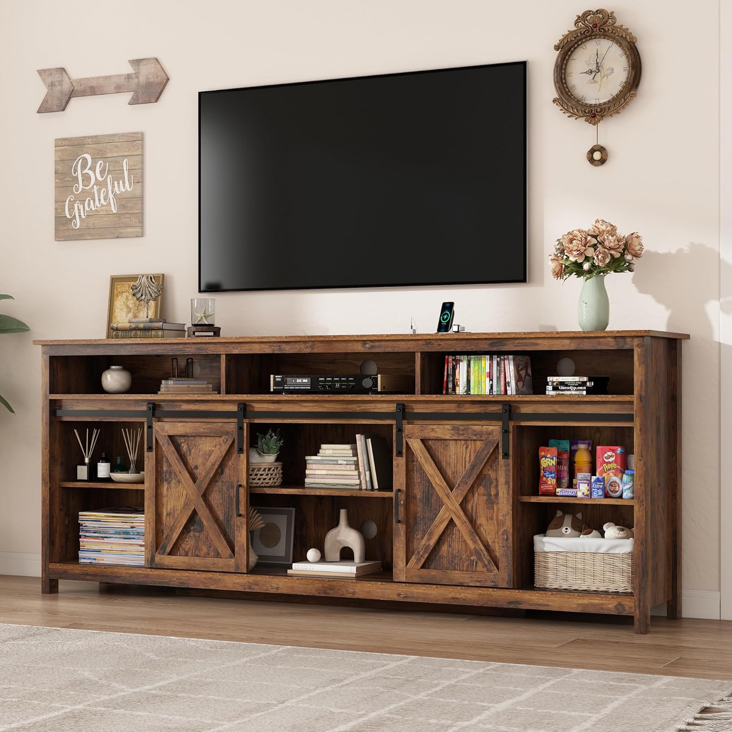 80" LED Farmhouse TV Stand for 90/85/80 Inch TVs,Tall Entertainment Center Storage Cabinets w/Power Outlets and Sliding Barn Door,Rustic TV Stands for Living Room,Media Console Cabinet (Brown)