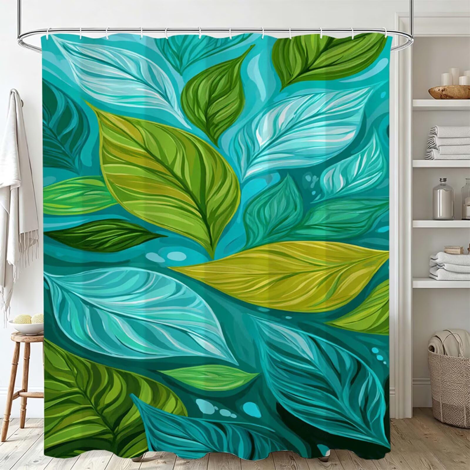 Duschvorhang Blau, Polyester Stoff aus Textil – Wasserdicht – Waschbar – Inkl 12 Ringe – Badewannenvorhang für Dusche & Badewanne, Shower Curtains 240x200cm Blätter J-748