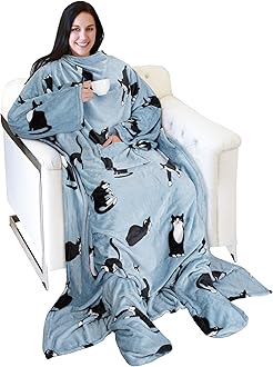 Catalonia Wearable Fleece Blanket with Sleeves and Foot Pockets for Adult Women Men, Micro Plush Comfy Wrap Sleeved Throw Blanket Robe Large, Wondercat Grey