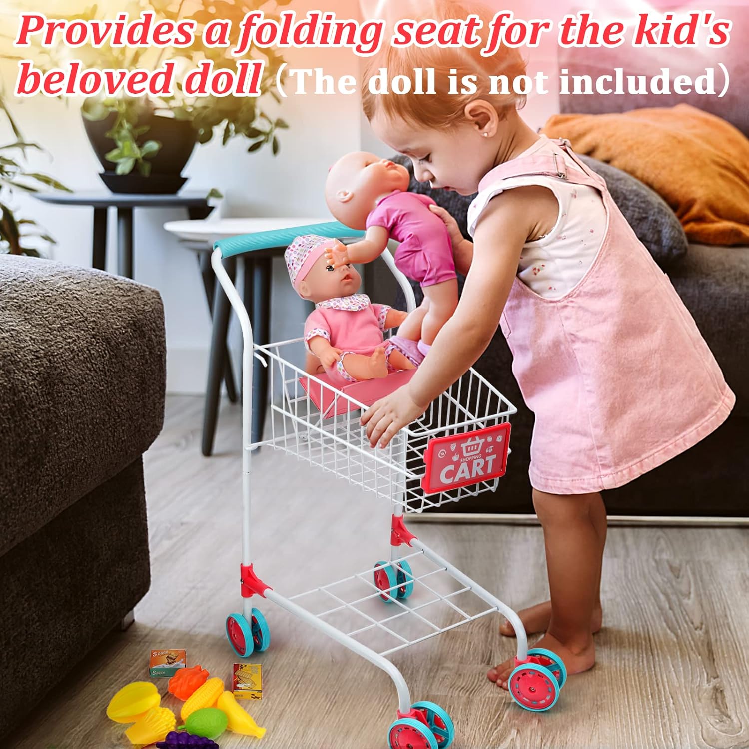 deAO Kids Shopping Cart Trolley with Sturdy Metal Frame for Toddlers 46 PCS Food Fruit Vegetables Pretend Play Food Role Play,Educational Toy Play Kitchen Toys for Boys Girls Kids