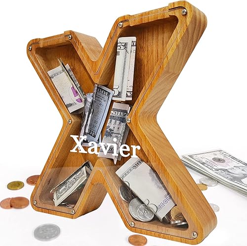 Miniatura 204 de Alcancía para niños y niñas, alcancía grande de madera personalizada con diseño recortado, bancos de monedas con letras del alfabeto, caja de ahorro