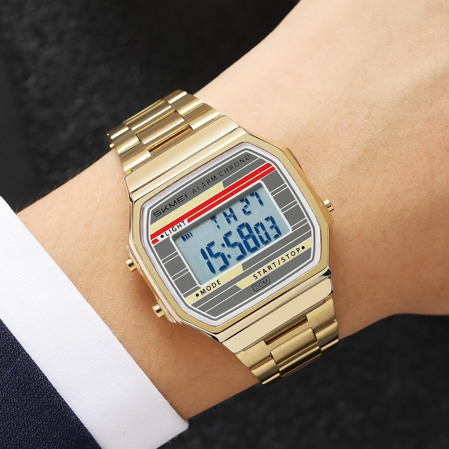 Gosasa Retro Digital Watch for Men Women, Stainless Steel Band Vintage LED Backlight Alarm Stopwatch Waterproof Chronograph Wristwatch with Date Week Display, 12/24H, 30M Water Resistant