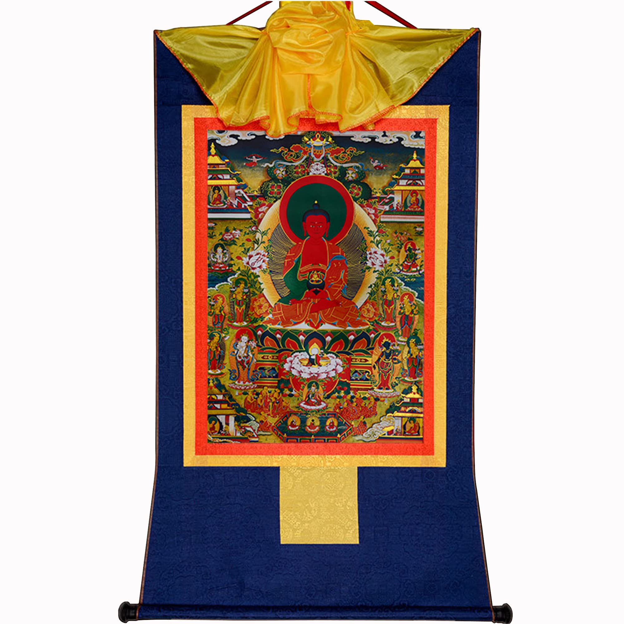 Gandhanra Blue Tibetan Buddhist Thangka Wall Hanging,Amitabha Pure Land Thangka - Elysium Of Buddhism,Hot Stamped Brocade Buddhist Tapestry For Zen Home Decor, Meditation, Spiritual Relaxation