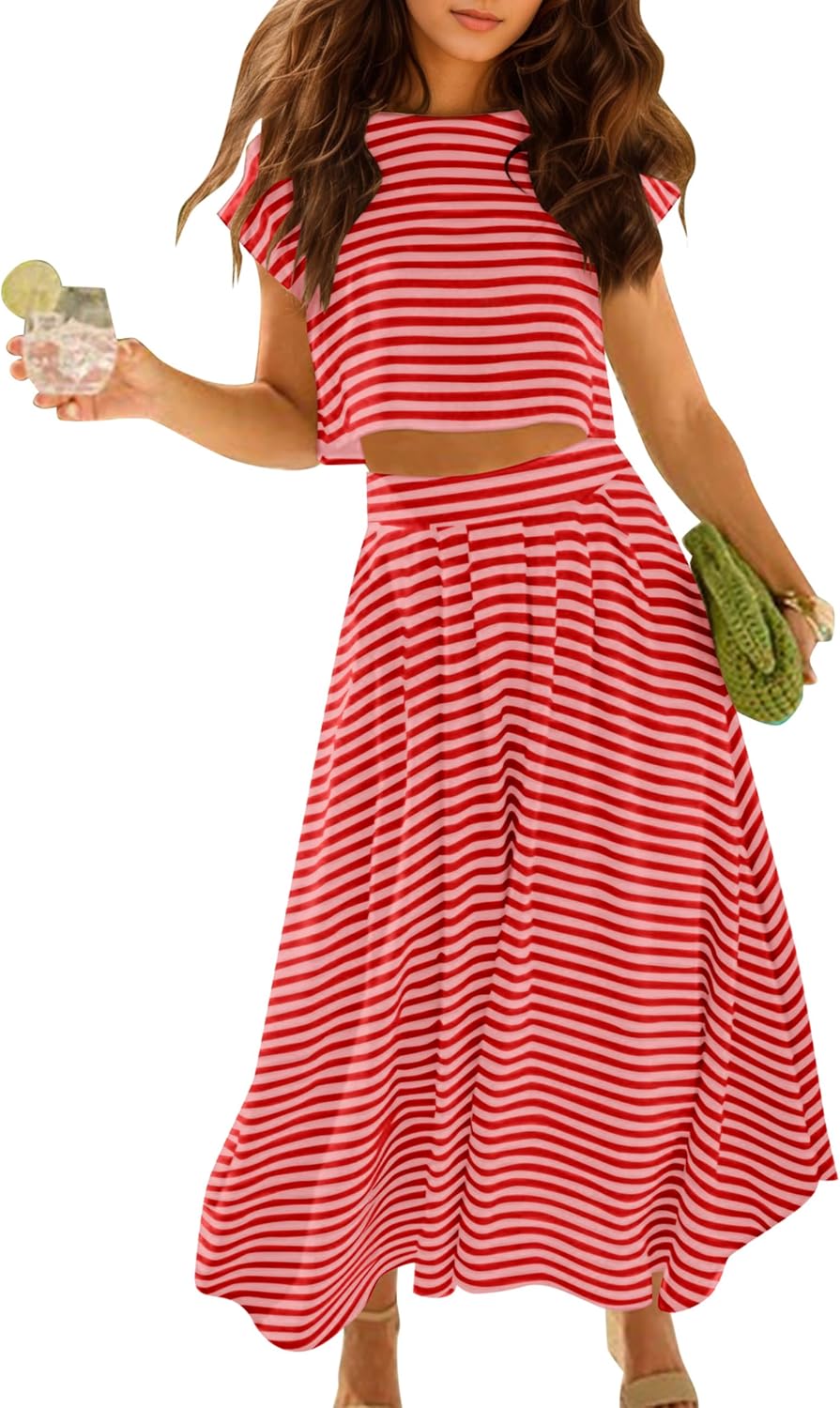 MISSACTIVER Women 2 Piece Lounge Set Striped Cap Sleeve Crop Tee Shirts High Waist Maxi Skirt Summer Outfits Sets with Pocket