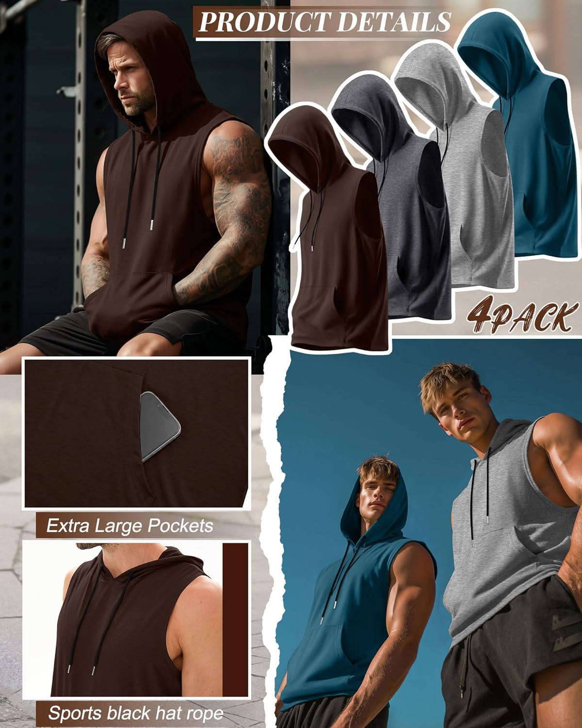 4 Pack Men Workout Hooded Tank Tops Bodybuilding Athletic Muscle Cut Off Hoodies Sleeveless Activewear Gym T-Shirts