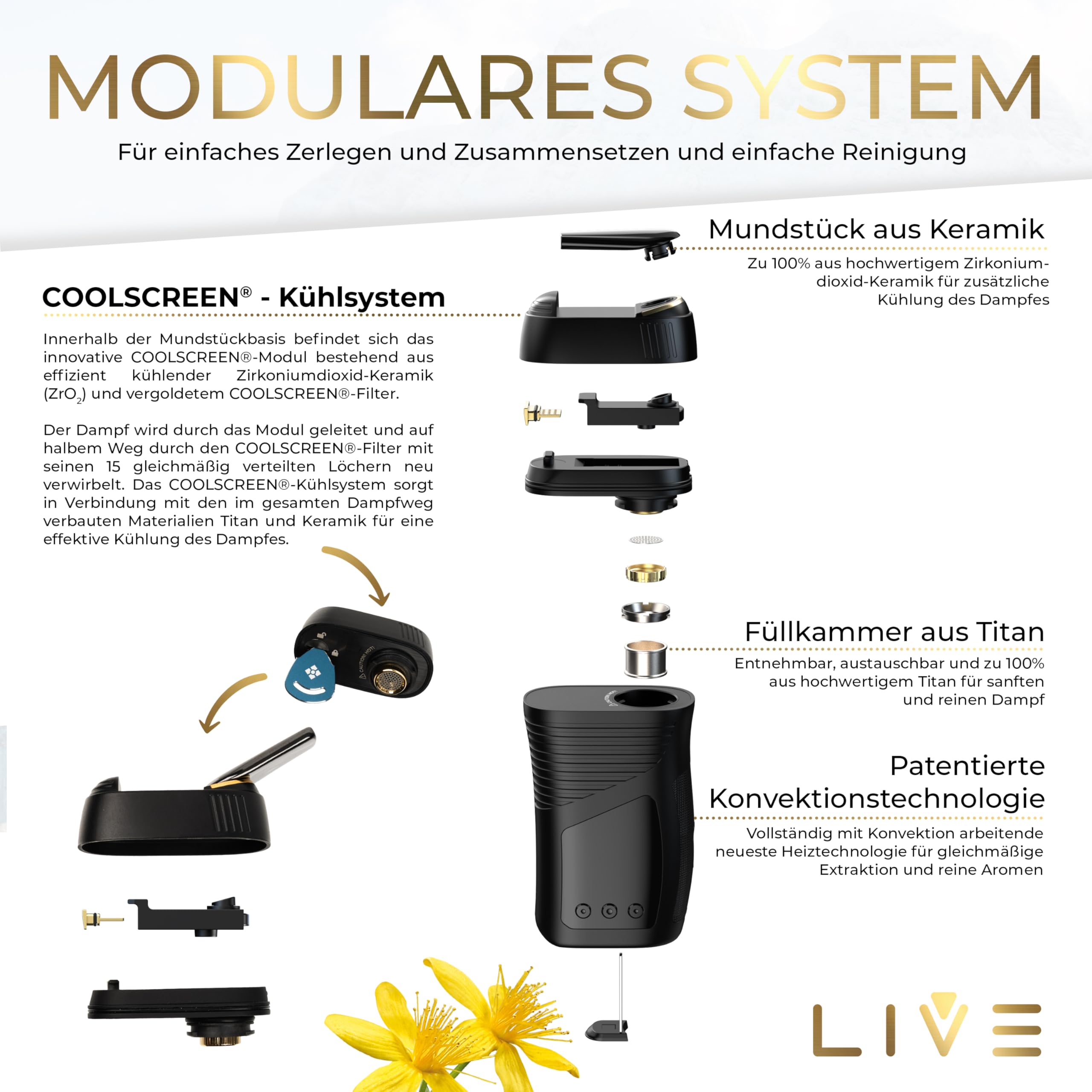 WOLKENKRAFT LIVE Premium Vaporizer für Kräuter & Extrakte | Hybrid-Konvektion | COOLSCREEN-Kühlsystem | 40 - 220 °C | USB-C | 3000-mAh-Akku | RGB-Display | personalisierbare Modi
