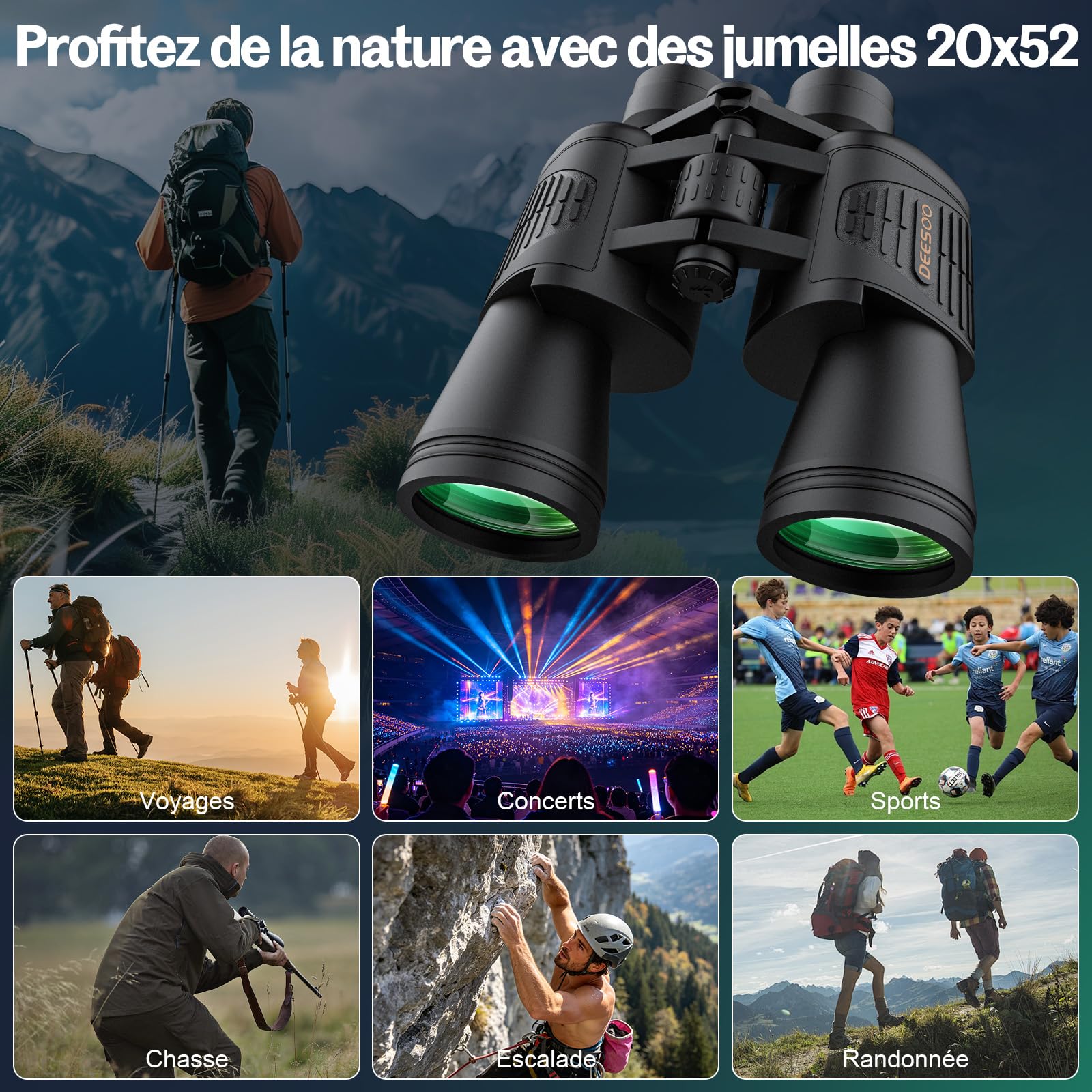Jumelles 20x52 pour Adultes HD Grande Vue avec Faible lumière Claire