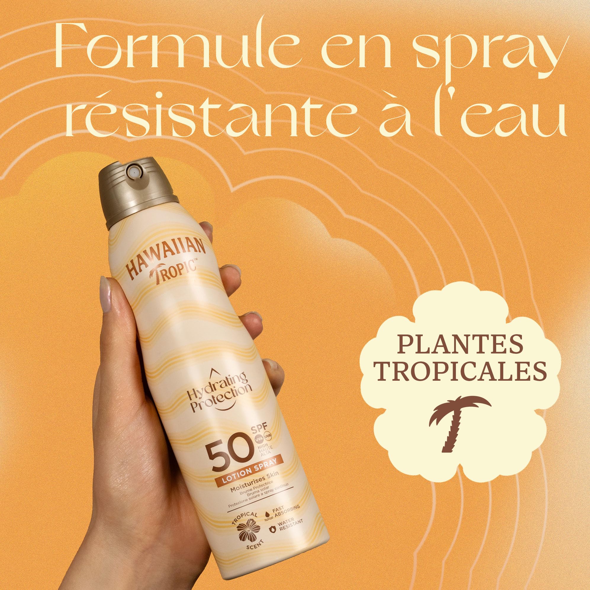 Hawaiian Tropic Brume protectrice hydratante, Résistante à l’eau, SPF 50, Protection UVA + UVB, Écran solaire, Senteur tropicale, Lotion solaire en brume, 220ml