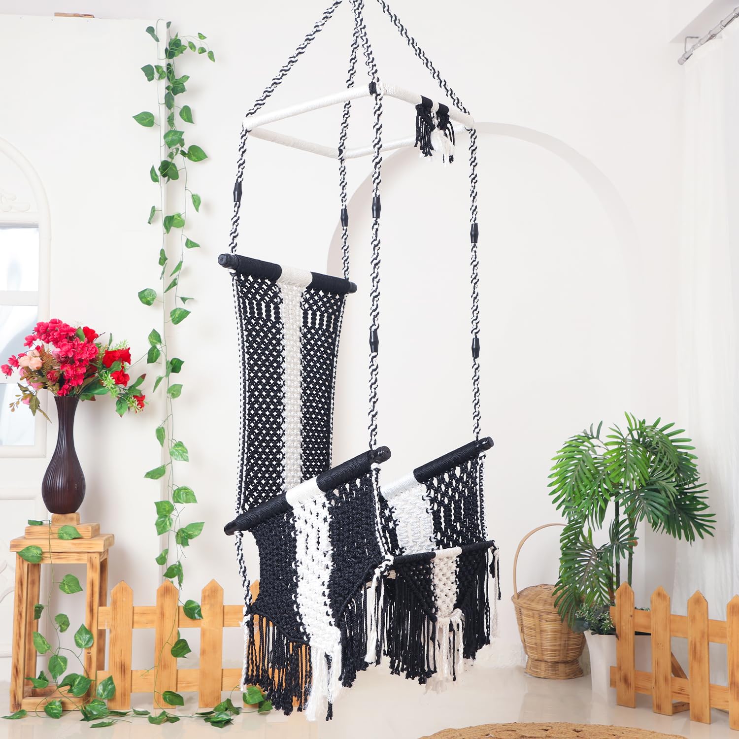 JULJULIA Hammock Maharaja Swing Hanging Chair uyyala jula for Adult Kids Indoor Outdoor Balcony Sturdy Cotton Rope Swing Chair for Indoor, Outdoor, Bedroom - Black & White (Pack of 1)