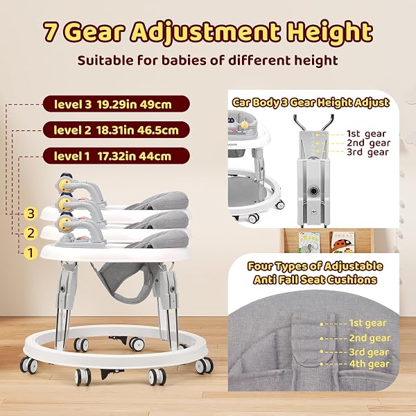 Baby Walker, Foldable Multi-Function Anti-Rollover Walker with Music Tray & Light, 7 Level Height Adjustable, Baby Walkers for 1 Year Olds Suitable for All Terrains (Grey) - 3