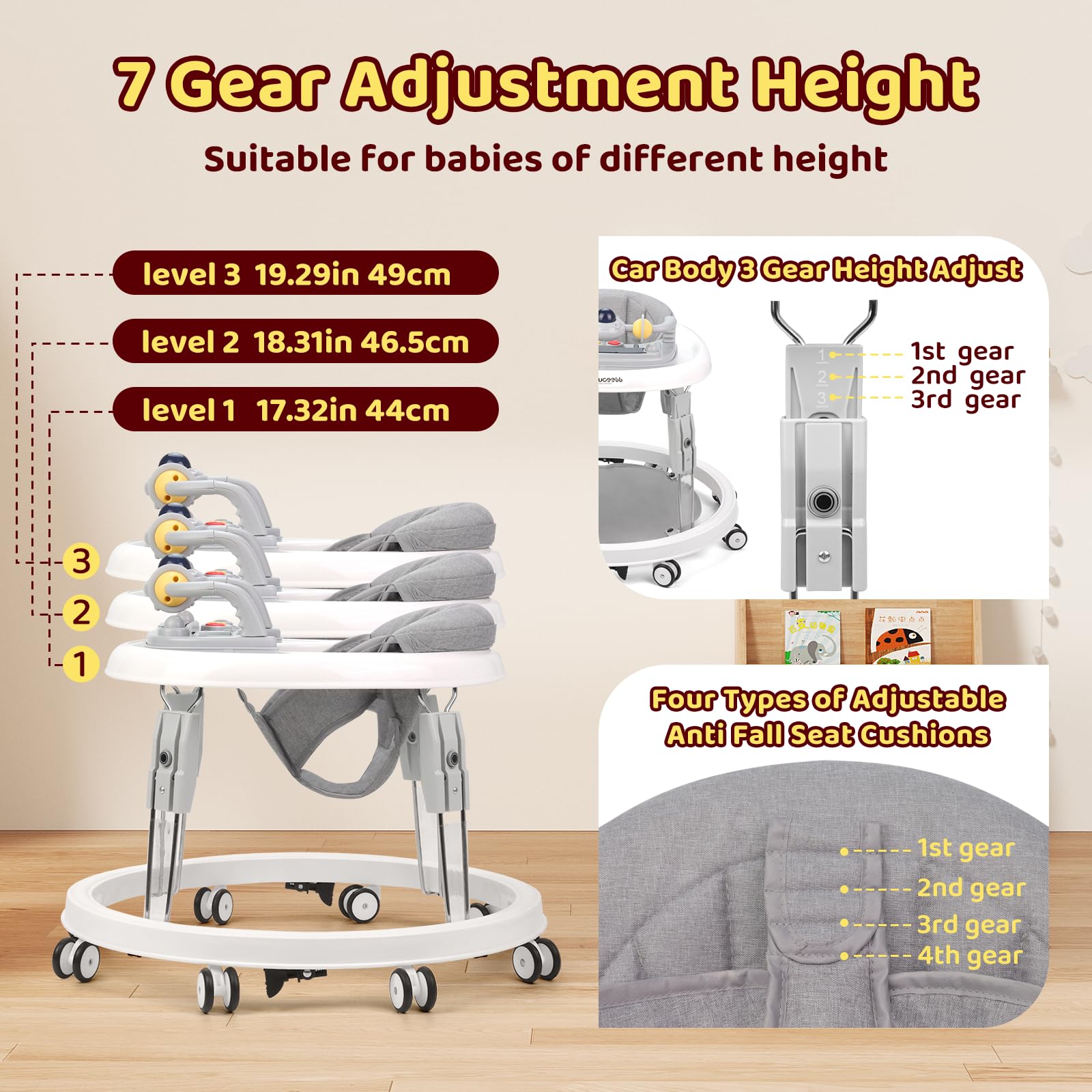 Baby Walker, Foldable Multi-Function Anti-Rollover Walker with Music Tray & Light, 7 Level Height Adjustable, Baby Walkers for 1 Year Olds Suitable for All Terrains (Grey) - 3