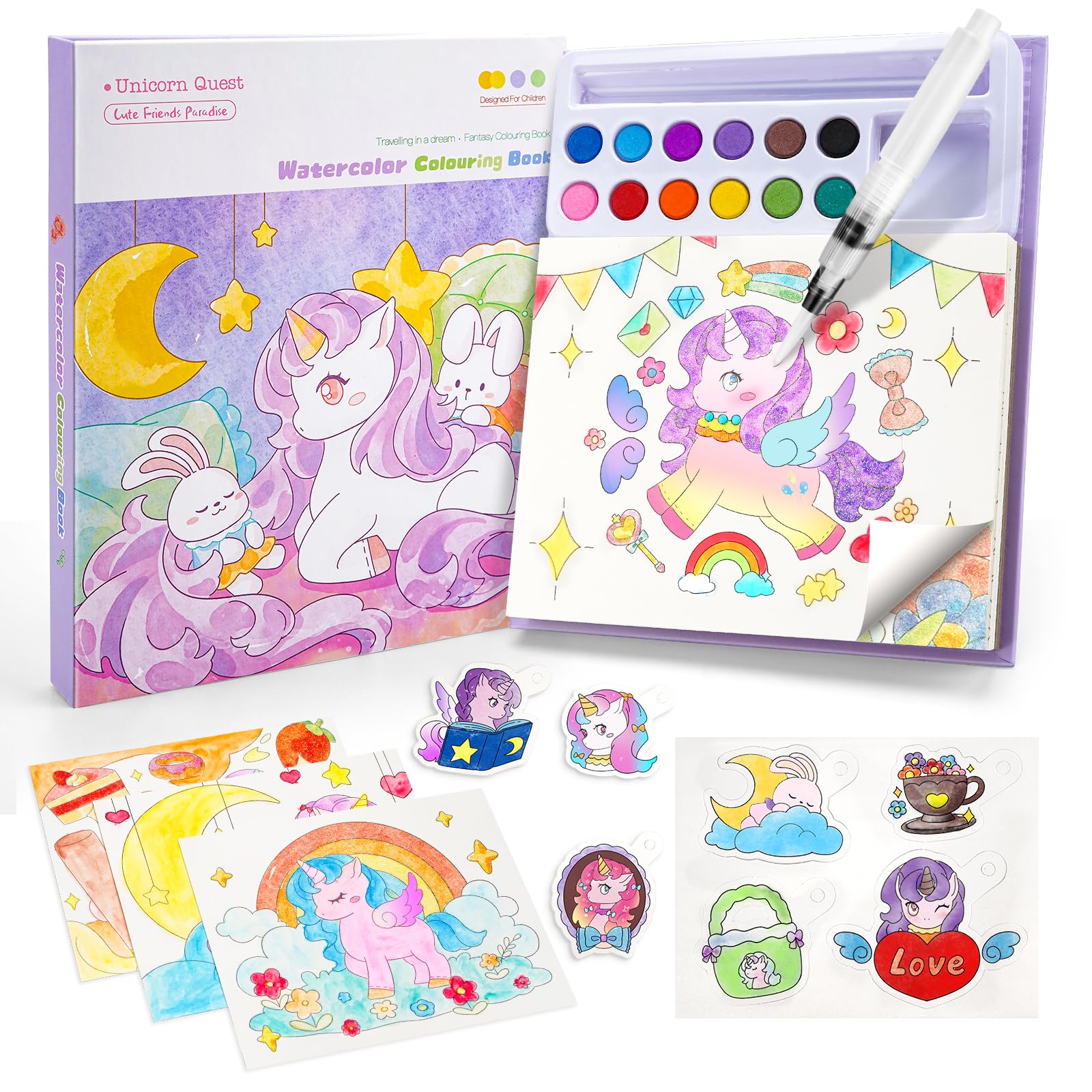Einhorn Malbuch mit Wasserfarben für Kinder: 12 Farben 3-in-1 Malset mit 3 Arten Malvorlagen & Pinsel | Bastelset, Lernspielzeug für Jungen Mädchen ab 3 Jahren | Ohne Kleckern Wasserfarbkasten