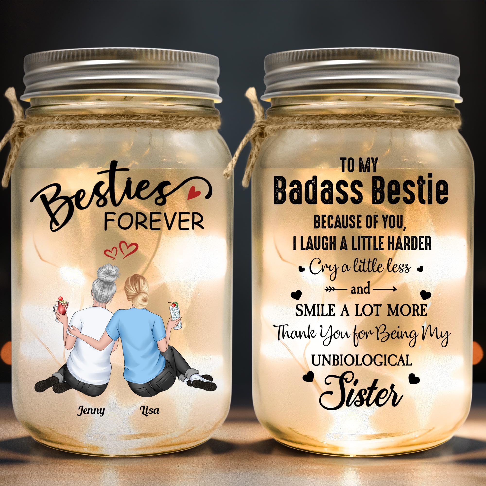 Macorner Personalized Mason Jar Light, Besties Forever Because Of You I Laugh A Little Harder, Birthday Gifts for Women, Girl, Kids, Mom, Daughter, Bestie, Friends, Soul Sister, Home Decoration