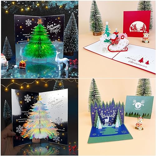 Miniatura 2 de Tarjeta desplegable 3D única de árbol de Navidad, tarjeta de felicitación con purpurina para árbol de Navidad, tarjeta tridimensional de cristal,