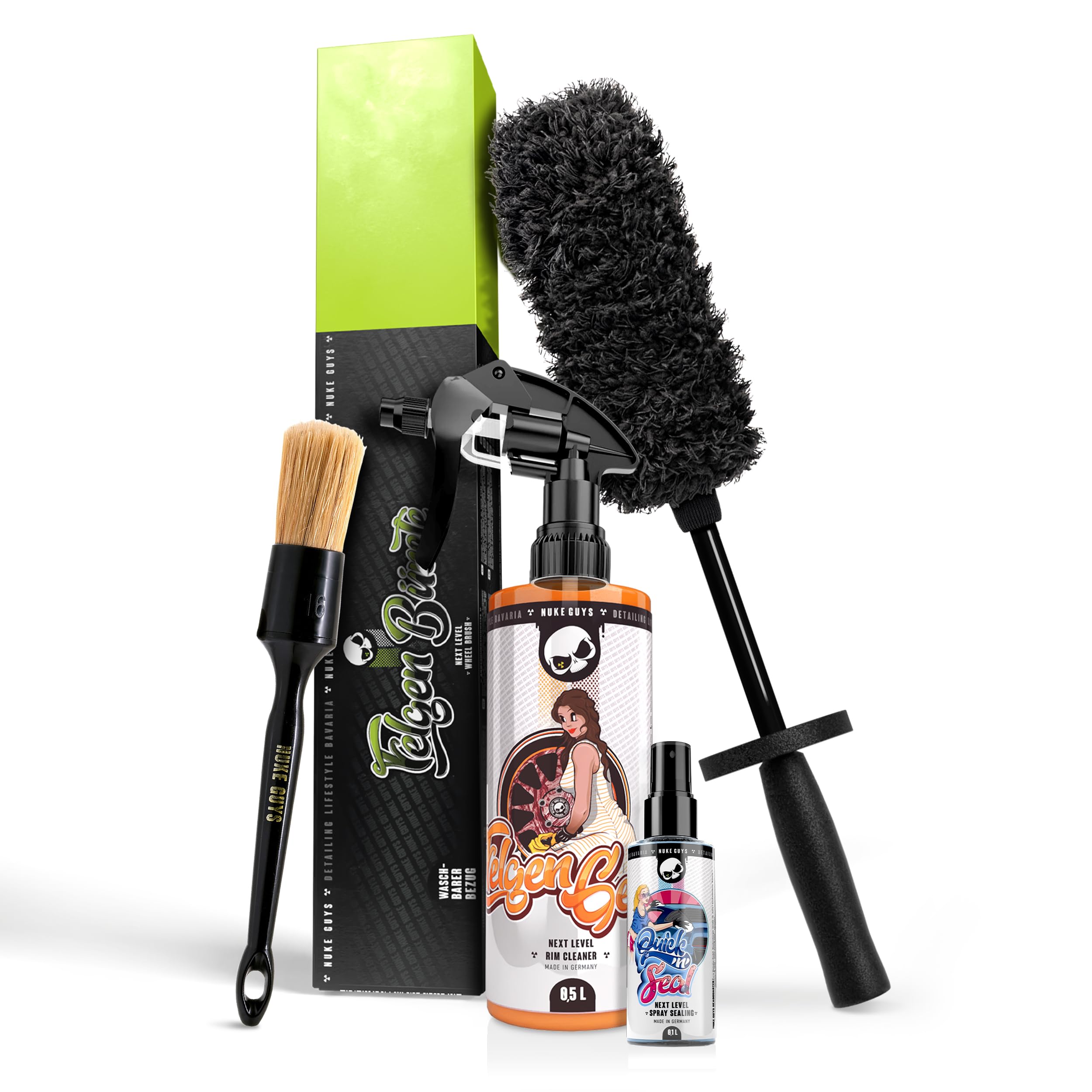 Nuke Guys Felgen Reinigungsset | Felgenreiniger 500ml + Mikrofaser Felgenbürste + Felgenversiegelung 100ml + Felgenpinsel | Auto Felgenpflege Set für strahlende Alufelgen
