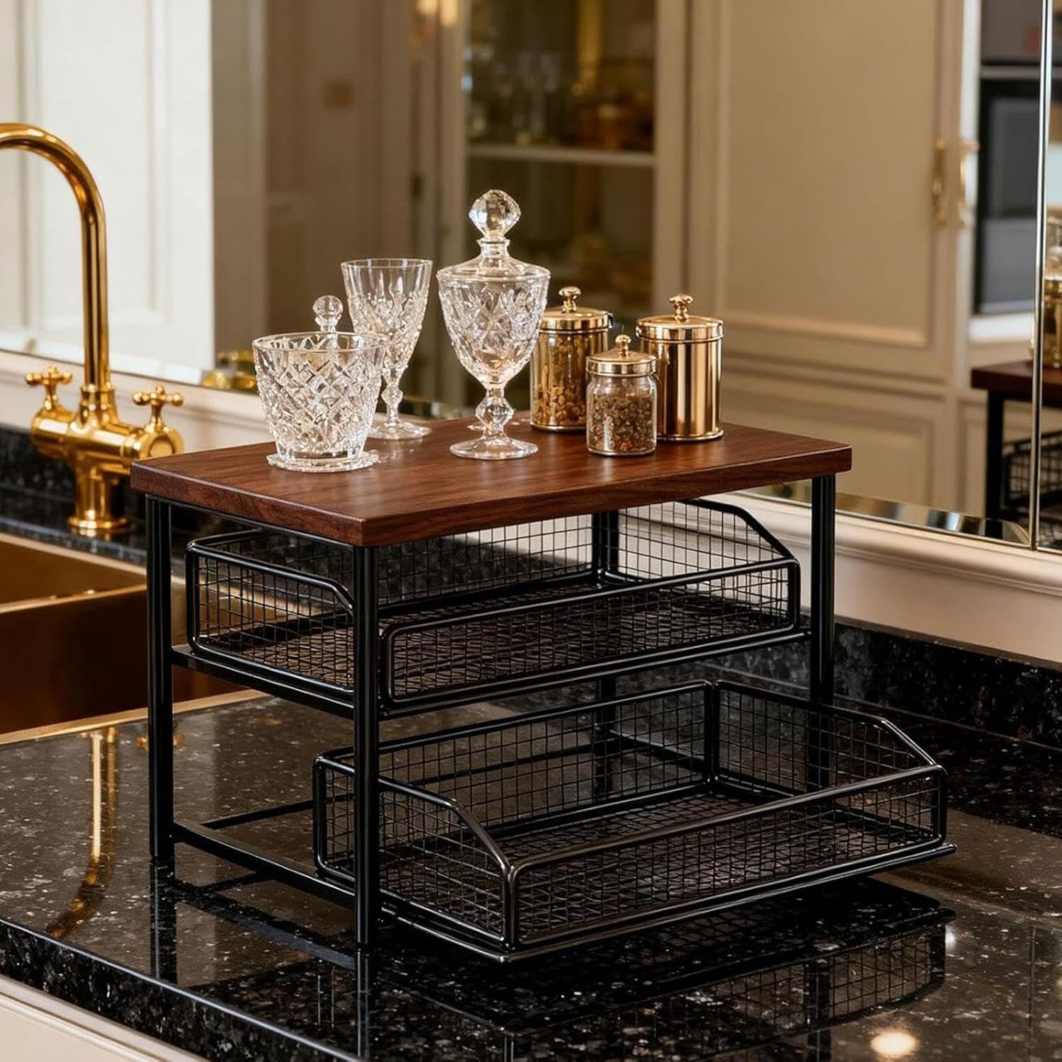 Countertop Basket Shelf, Kitchen Rack with Drawers, Counter Top Coffee Station Organizer, Perfect for Home, Apartment, Hotel, Cafe, Bathroom, Bedroom, Study, Kitchen