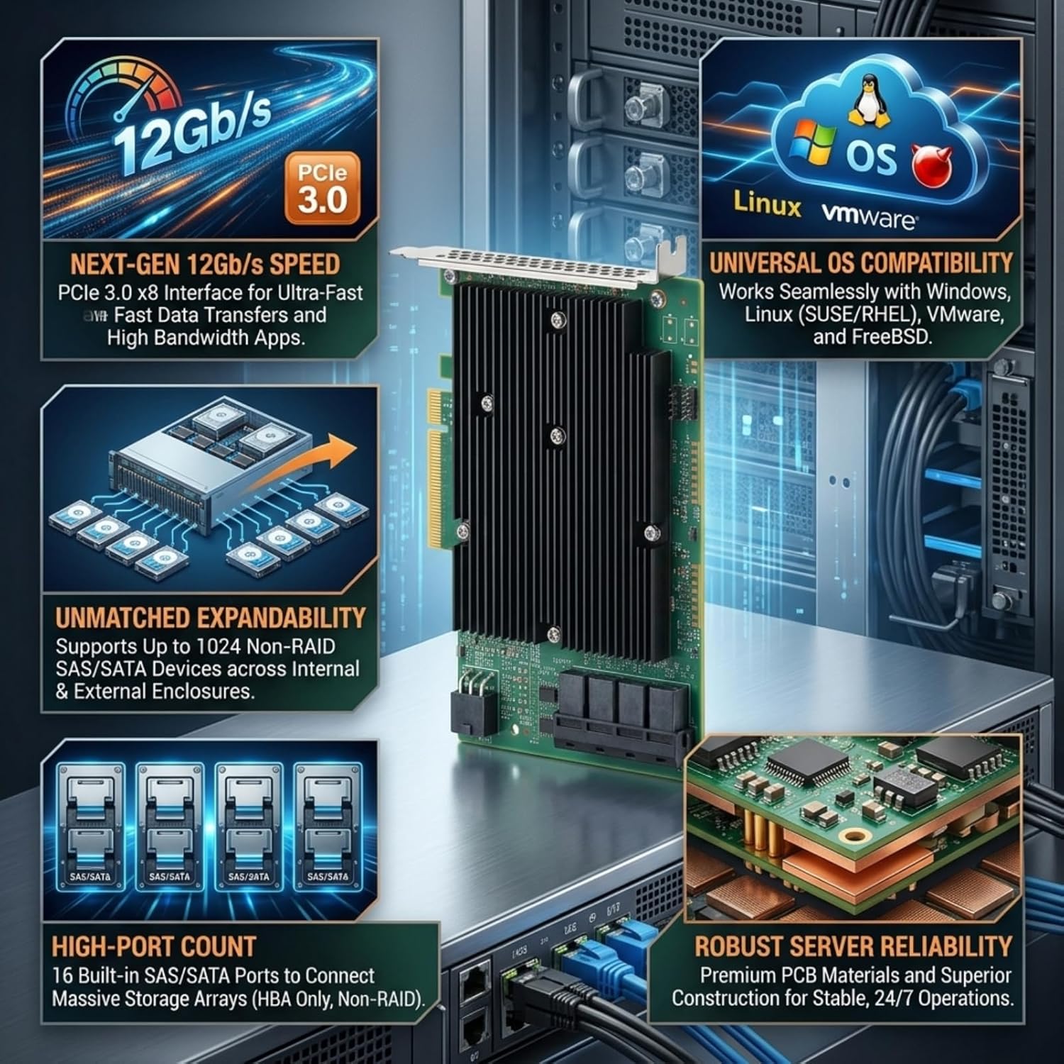 Yosoo Health Gear LSI SAS 9300 16I HBA Card, 12Gbps 16 SATA SAS Port HBA Host Bus Adapter Card HBA RAID Controller Card PCIe HBA Expander Card for Windo w S for Linux for VMware