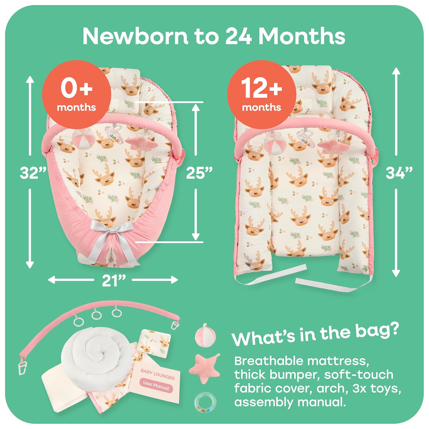 Portable Baby Play Lounger for Supervised Floor Time w/Removable Toy Arch & 3 Toys - Padded Play Area, Breathable Cotton Cover, Travel-Friendly - Awake-Time Only | 0-24 Months (Pink)