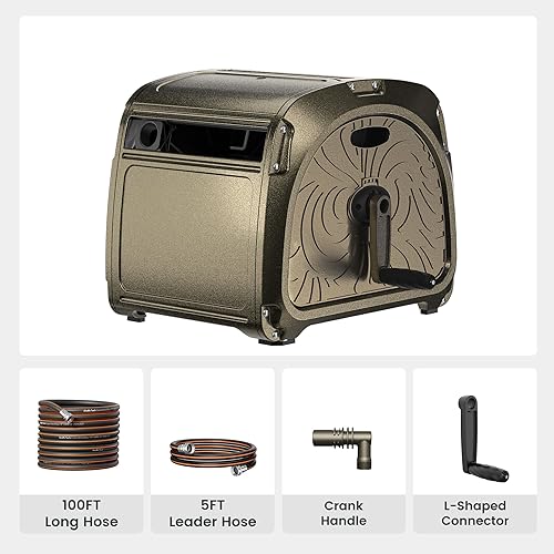 Miniatura 2 de Giraffe Tools SW5-Caja de carrete de manguera de metal de 100 pies, manguera de goma de 100 pies, almacenamiento de manguera de jardín, carrete