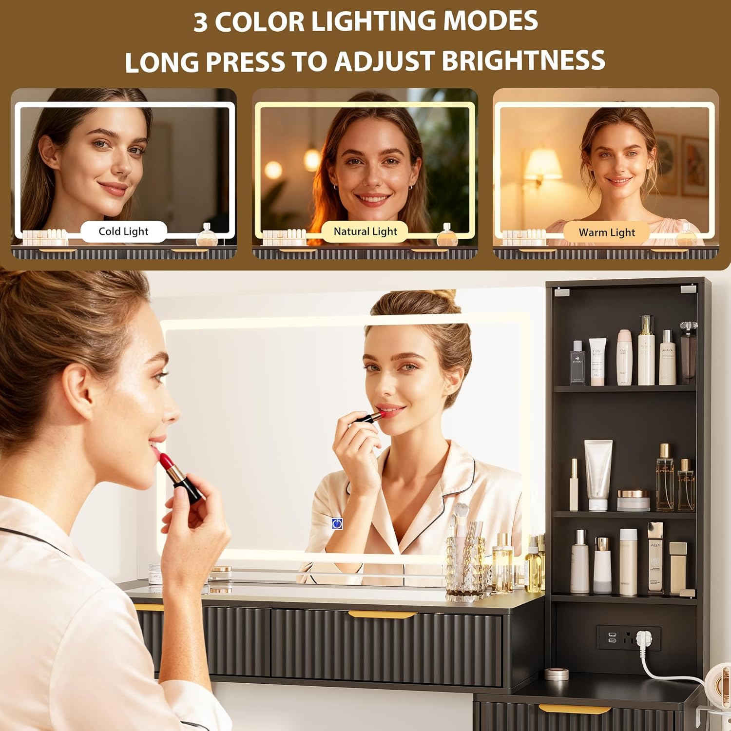 48" Fluted Vanity Desk with Mirror and Lights, Modern Make Up Vanity with Drawers, Glass Top, Power Outlet, Makeup Table for Bedroom