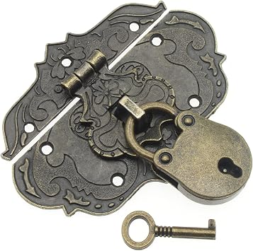Antique Engraved Decorative Hasp Latch & Mini Bear Padlock Kit 76 x 57 mm Oval Zinc Alloy Hasp Clasp with Screws for Jewelry Box Ordinary Box Wooden Case Furniture Decoration