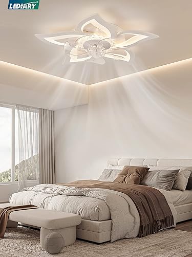 Miniatura 7 de LEDIARY Ventiladores de techo de flores con luces, pequeño ventilador de techo moderno de perfil bajo de 27 pulgadas, lámpara de techo LED