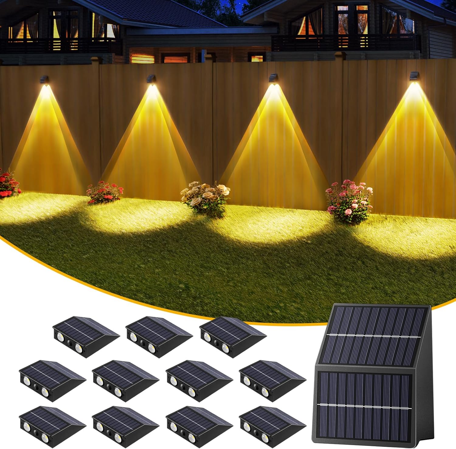 High Brightness Solar Fence Lights Outdoor, Larger Size Solar Lights with Dual Solar Panels, Waterproof Fence Lights Solar Powered for Stair, Step, Yard, Patio, Wall (12 Pack)