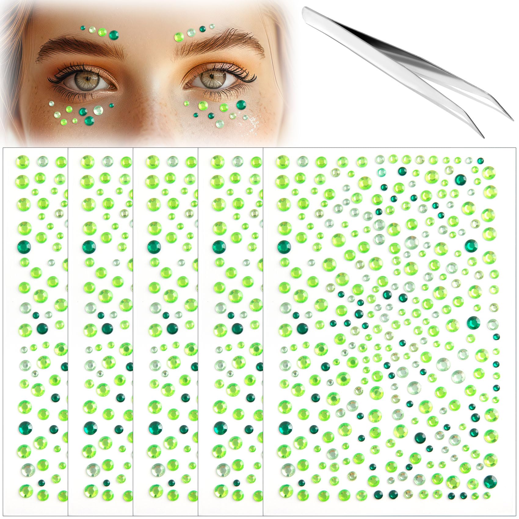 Alpinleux 5 Sheets Self Adhesive Face Gems, Green Rhinestone Stickers for Face, Stick on Pearls Jewels, Makeup Gems for Face, Hair, Eye, Nail, Body (3