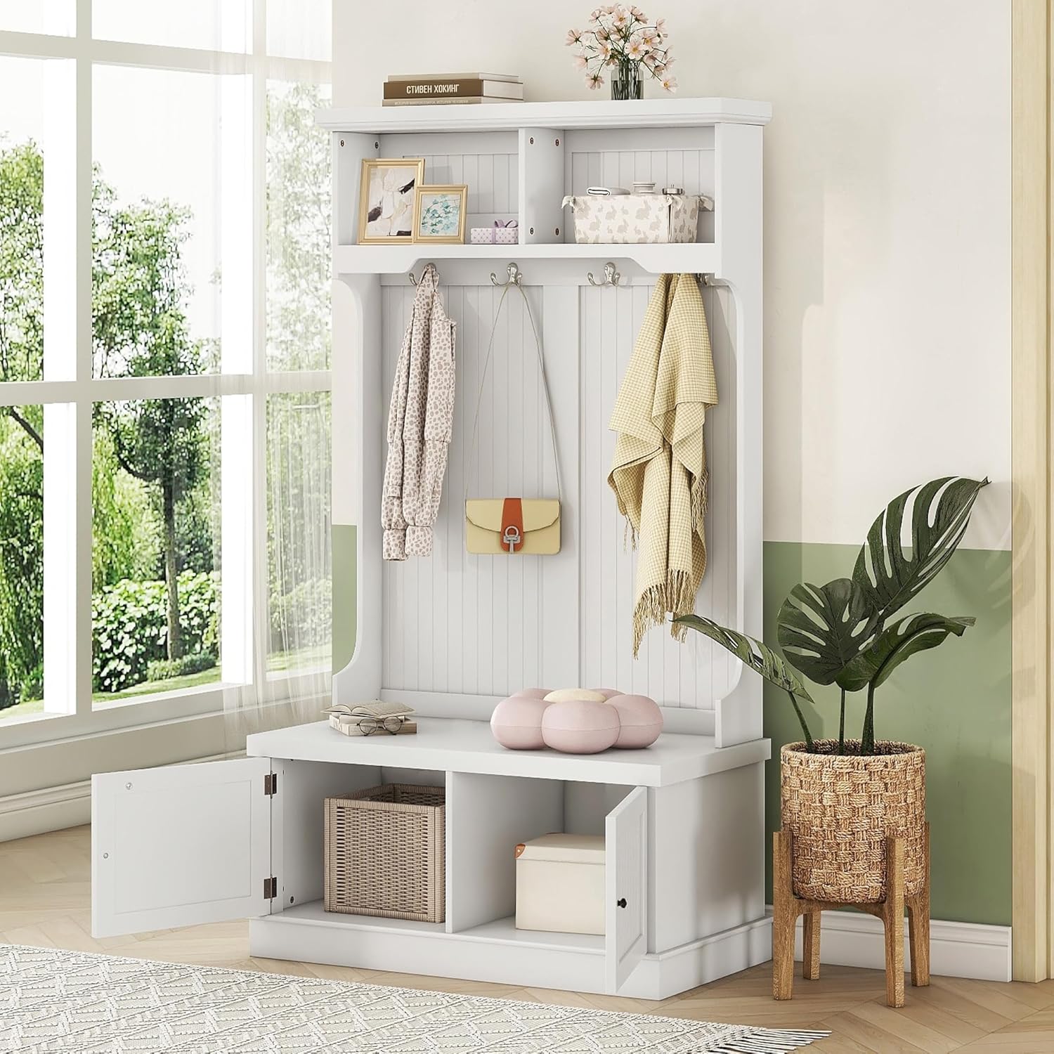 Nourideaux White Hall Tree with Bench and Shoe Storage 35.5