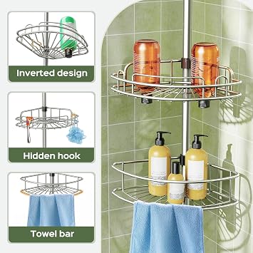 HAMITOR Telescopic Shower Caddy Corner Storage: No-Drill Stainless Steel Bathroom Shelves Organizer, 4-tier Large Capacity Adjustable Shelf with Tension Rod for Home Renters Apartment - Silver Gray