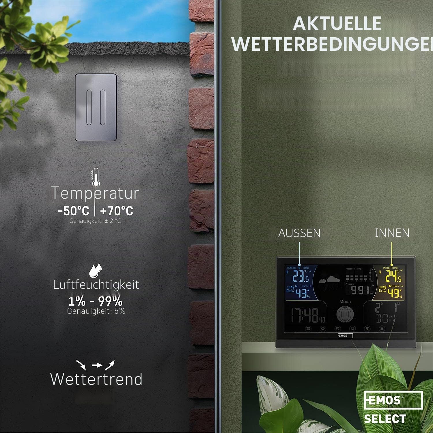 Emos Wetterstation Funk mit Außensensor, Touchscreen und Farbdisplay, DCF Empfangssignal Funkuhr - Innen- und Außentemperatur, Barometer, Wettervorhersage