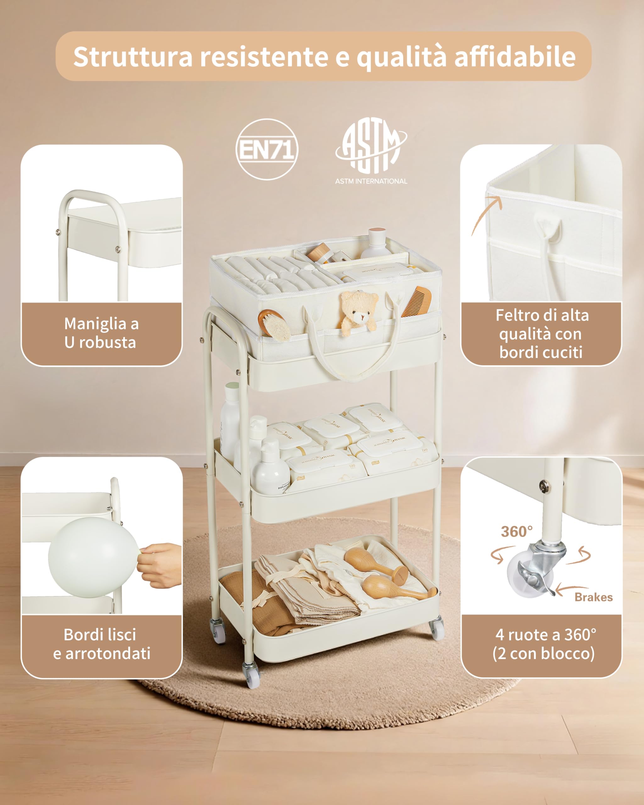 Fortella Carrello con Ruote Portatutto, Organizer Fasciatoio per Neonati Portatile, Ideale per Fasciatoio Neonato Bagno, Regalo Nascita Bimbo, 3 Ripiani Carrello Porta Attrezzi, Cucina (Beige)