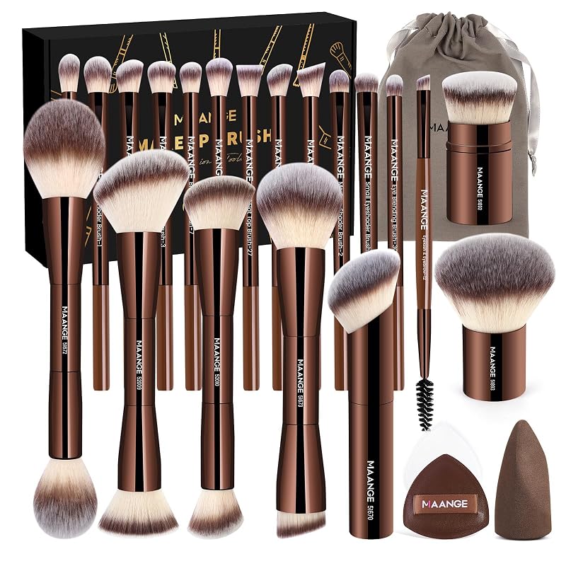 Kit de Pincéis de Maquiagem MAANGE com 24 Peças, Dupla Face, Cor Coffee