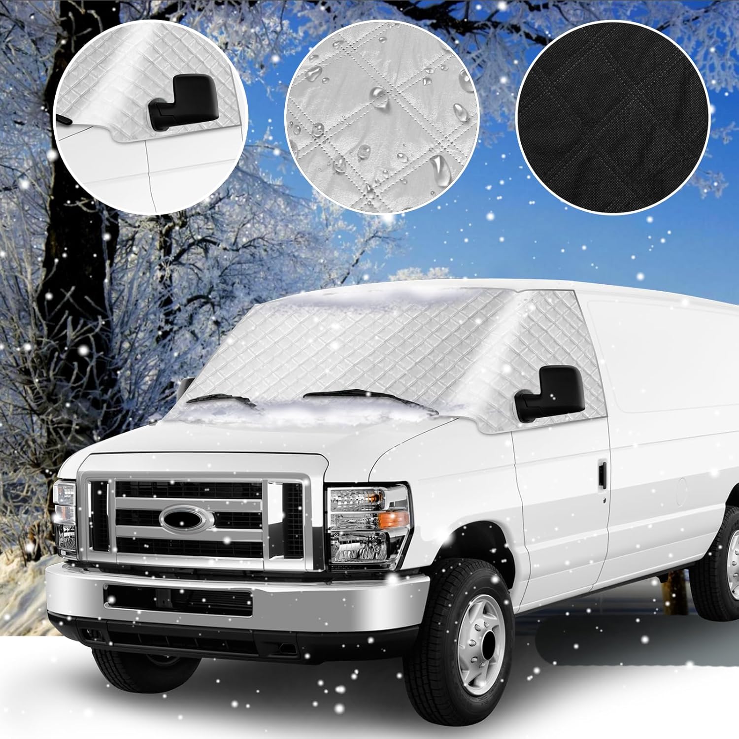 RV Windshield Cover for Ford E-Series/E 450, 350, 250, 150 Econoline 2003-2026, RV Front Window Sunshade Cover, for UV Protection & Privacy Shield, Silver with Mirror Cutouts