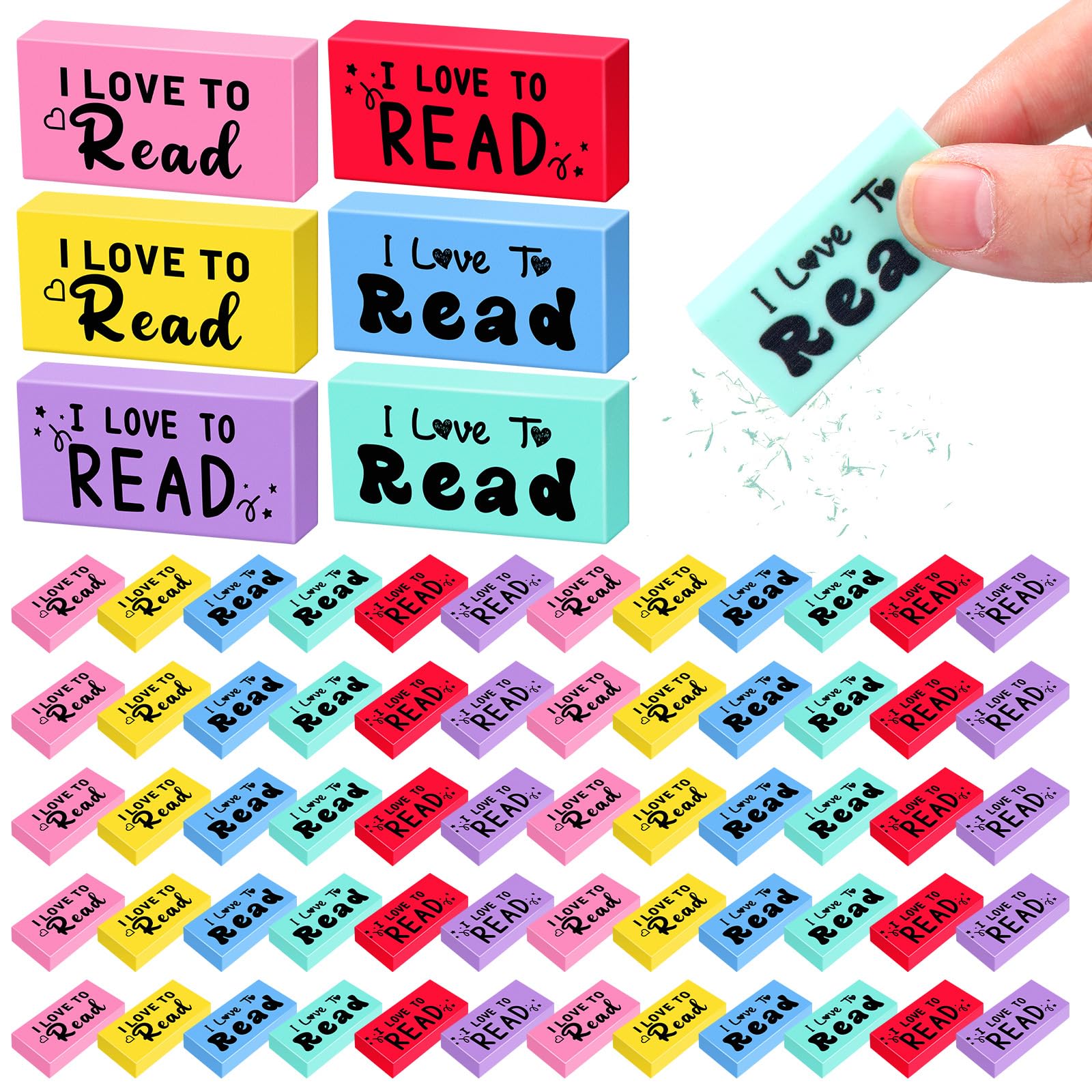 Dunzoom Lot de 300 gommes en vrac « I Love to Read » pour enfants, cadeaux inspirants pour récompenses en classe, récompenses pour enseignants, école