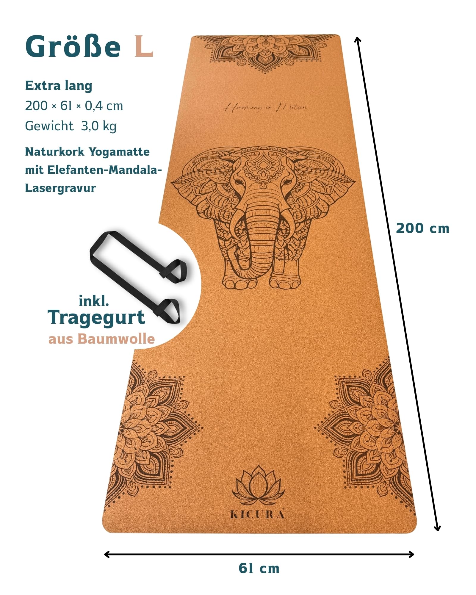 Yoga-Matte aus Kork & Naturkautschuk mit Elefanten-Mandala – rutschfeste Premium-Matte, 4 mm dick, mit Tragegurt, in 3 Größen