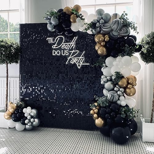Miniatura 7 de Paneles de fondo de pared negros brillantes  Fondo cuadrado de lentejuelas de Halloween de 6 x 4 pies para decoración de cumpleaños, aniversario,